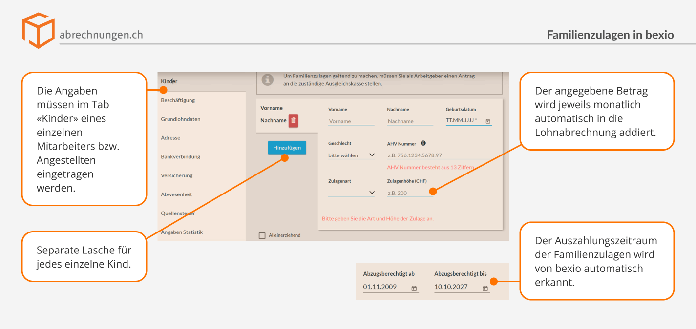 1. Der angegebene Betrag wird jeweils monatlich automatisch in die Lohnabrechnung addiert. 2. Separate Lasche für jedes einzelne Kind. 3. Die Angaben müssen im Tab «Kinder» eines einzelnen Mitarbeiters bzw. Angestellten eingetragen werden. 4. Der Auszahlungszeitraum der Familienzulagen wird von bexio automatisch erkannt.