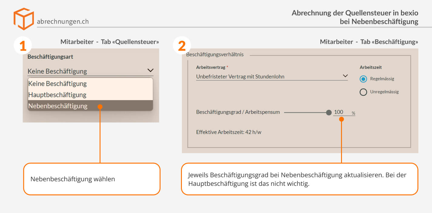 Abrechnung der Quellensteuer in bexio bei Nebenbeschäftigung